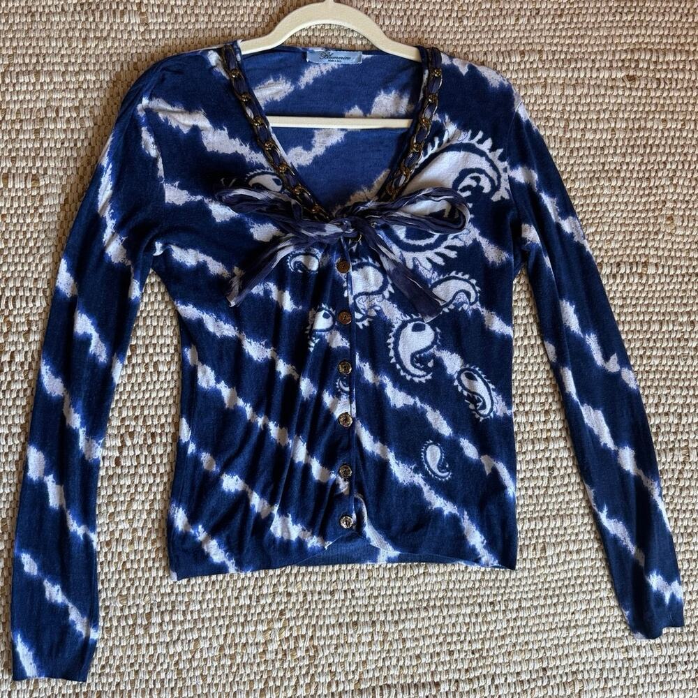 VTG Blumarine Tie Dye Paisley Cardigan Top Blue White Chain Bow Made in Italy